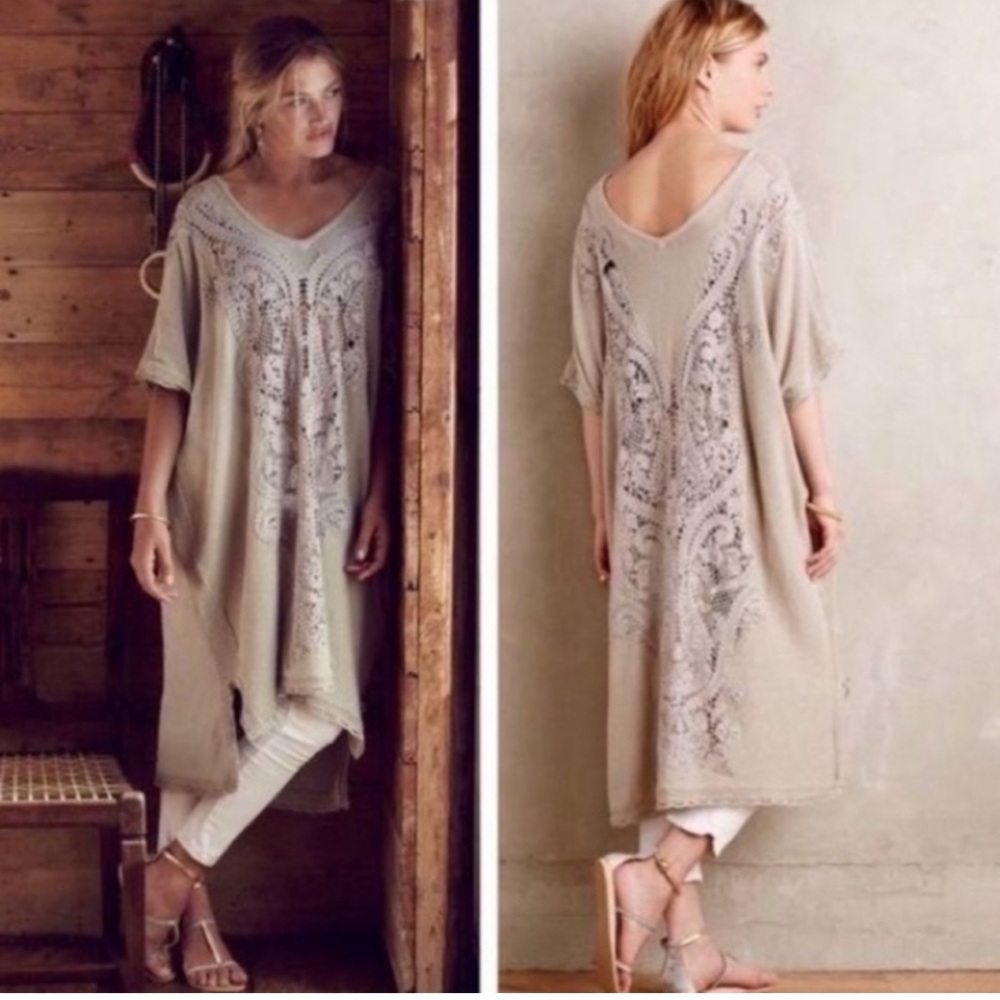 Anthropologie Knitted & Knotted Crochet‎ Navan Ivory Linen Kaftan Dress XS Small